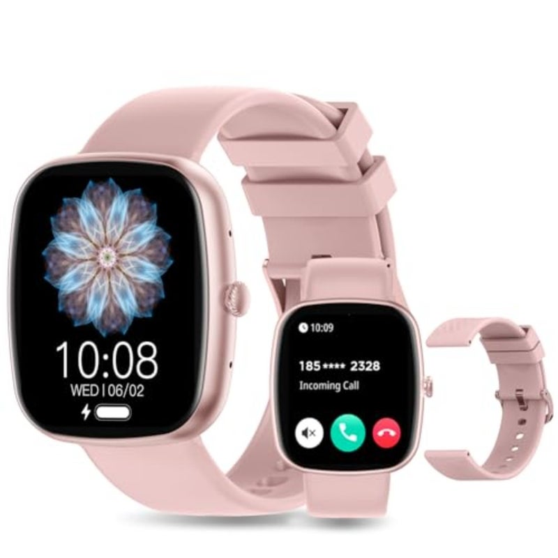 Smartwatch for daily fitness and health monitoring, silicone strap, pink, 1.83-inch display with Bluetooth calling, 15-day battery, IP68 waterproof, 123+ sports modes, SpO2/HR/sleep tracking, prayer alerts - Image 1