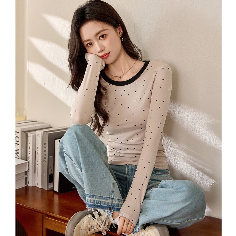 # High-Quality Products # Age-Reducing Playful Polka-Dot T-Shirt Women'S Long-Sleeved 2025 Autumn New Contrast Color Slim Bottoming Shirt - Image 1