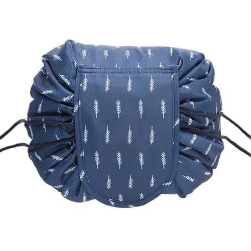 Nirvik Women's Waterproof Travel Cosmetic Bag | Multifunction Portable Makeup & Toiletry Organizer with Drawstrings | Lazy Travel Storage Bag | Dark Blue Leaf - Image 1