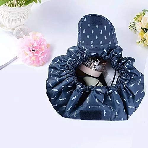 Nirvik Women's Waterproof Travel Cosmetic Bag | Multifunction Portable Makeup & Toiletry Organizer with Drawstrings | Lazy Travel Storage Bag | Dark Blue Leaf - Image 4