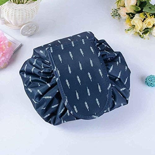 Nirvik Women's Waterproof Travel Cosmetic Bag | Multifunction Portable Makeup & Toiletry Organizer with Drawstrings | Lazy Travel Storage Bag | Dark Blue Leaf - Image 3