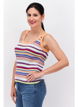 ESPRIT Women U Neck Sleeveless Stripe Tank Top, Orange Combo  - Image 3