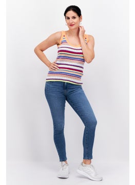 ESPRIT Women U Neck Sleeveless Stripe Tank Top, Orange Combo  - Image 4