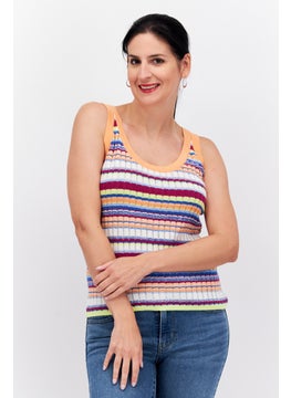 ESPRIT Women U Neck Sleeveless Stripe Tank Top, Orange Combo  - Image 1