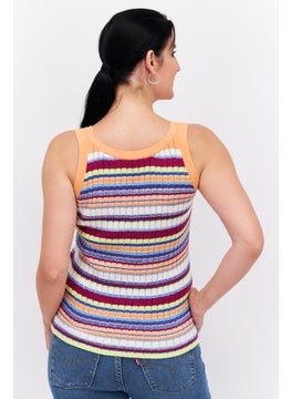 ESPRIT Women U Neck Sleeveless Stripe Tank Top, Orange Combo  - Image 2