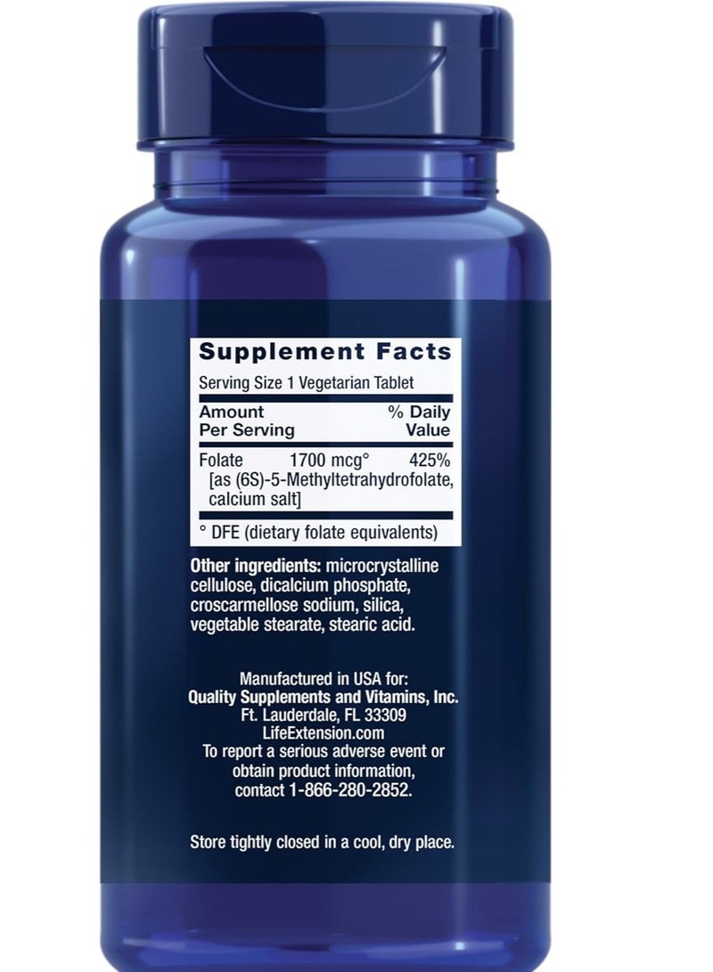 Life Extension Optimized Folate L-methylfolate Heart & Brain Support, Healthy Homocysteine Levels 1700 mcg DFE, 100 Vegetarian Tablets - Image 2