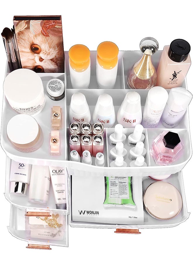 Sharpdo - Makeup Organizer for Vanity, Large Cosmetic Organizer Countertop, Makeup Organizer with Drawers for Vanity, Lipstick, Brushes, Lotions and Jewelry Bathroom Counter or Dresser for Cosmetics-White - Image 1