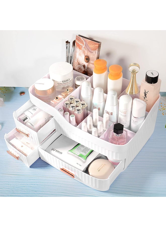 Sharpdo - Makeup Organizer for Vanity, Large Cosmetic Organizer Countertop, Makeup Organizer with Drawers for Vanity, Lipstick, Brushes, Lotions and Jewelry Bathroom Counter or Dresser for Cosmetics-White - Image 1