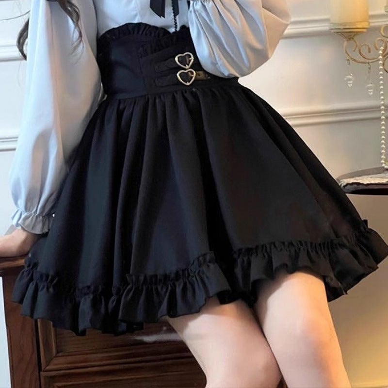 2025 Petite Sweet and Cute Doll Collar Off-Shoulder Long-Sleeved Shirt Top Waist Half Skirt Casual Womens Clothing Black skirt