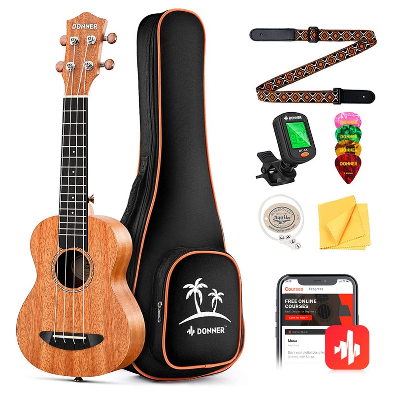 Donner Concert Ukulele Beginner Mahogany 23 Inch Ukelele Kit with Free Online Lesson Gig Bag Strap Nylon String Tuner Picks Cloth DUC-1 Gift Choice - Image 1