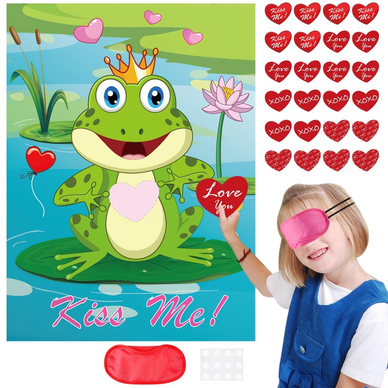 PLULON Valentines Game for Kids Pin Heart on Frog with 24 Heart Stickers Poster Backdrop for Girl Boy Valentines Princess Party Decor School Family Classroom Activities Valentines Party Favor Supplies - Image 3