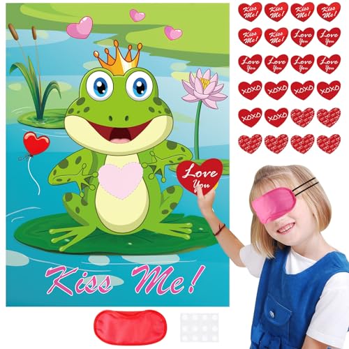 PLULON Valentines Game for Kids Pin Heart on Frog with 24 Heart Stickers Poster Backdrop for Girl Boy Valentines Princess Party Decor School Family Classroom Activities Valentines Party Favor Supplies - Image 1