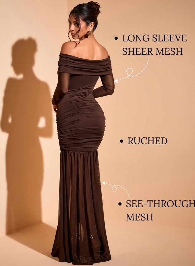 ShawGobow Off The Shoulder Maxi Dress,3D Flower Mermaid Ruched Dresses for Women,Elegant Formal Cocktail Holiday Gowns, Coffee, M - Image 4