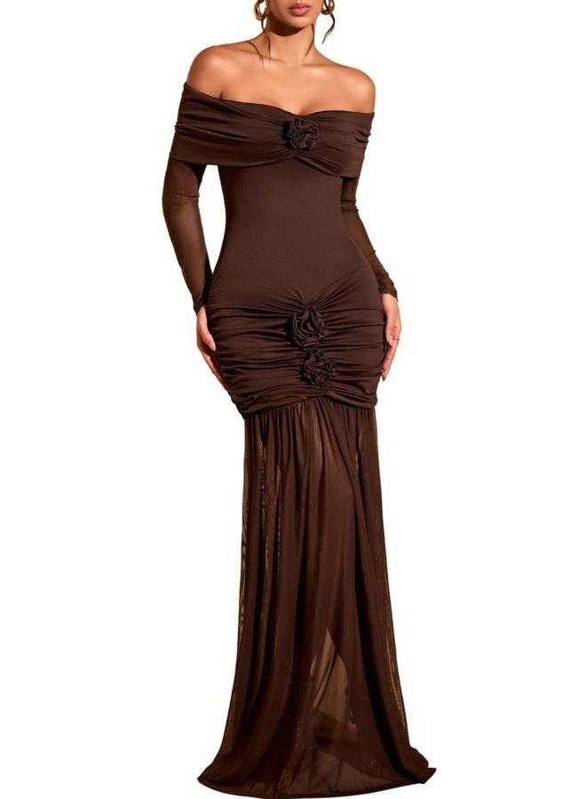 ShawGobow Off The Shoulder Maxi Dress,3D Flower Mermaid Ruched Dresses for Women,Elegant Formal Cocktail Holiday Gowns, Coffee, M - Image 1