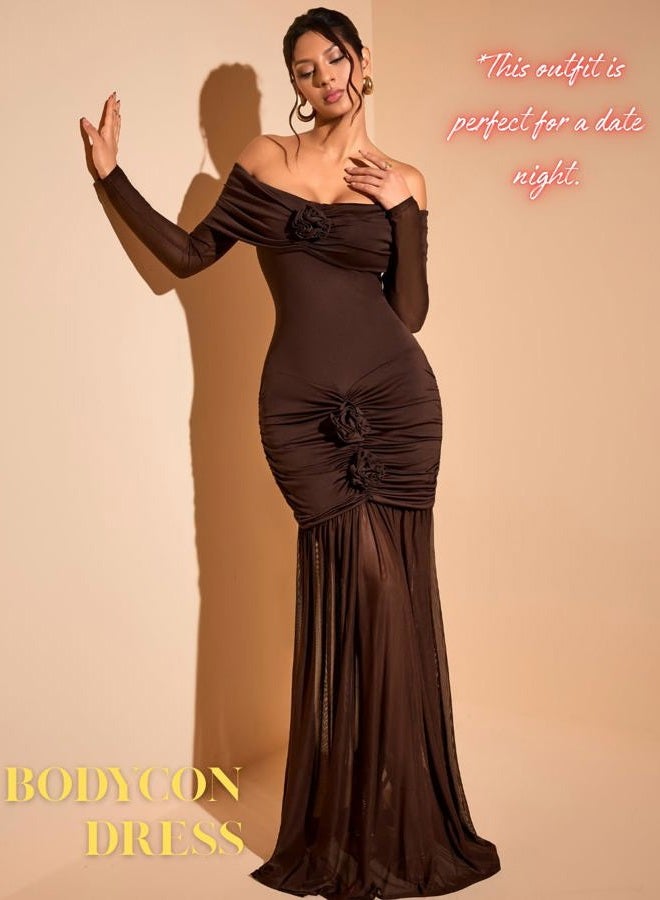 ShawGobow Off The Shoulder Maxi Dress,3D Flower Mermaid Ruched Dresses for Women,Elegant Formal Cocktail Holiday Gowns, Coffee, M - Image 5