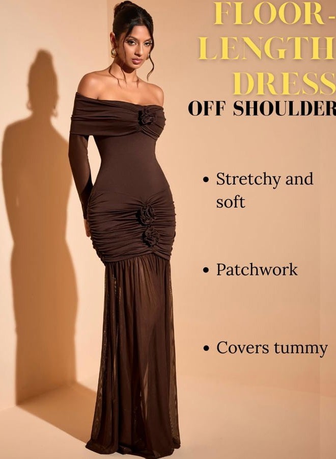 ShawGobow Off The Shoulder Maxi Dress,3D Flower Mermaid Ruched Dresses for Women,Elegant Formal Cocktail Holiday Gowns, Coffee, M - Image 3