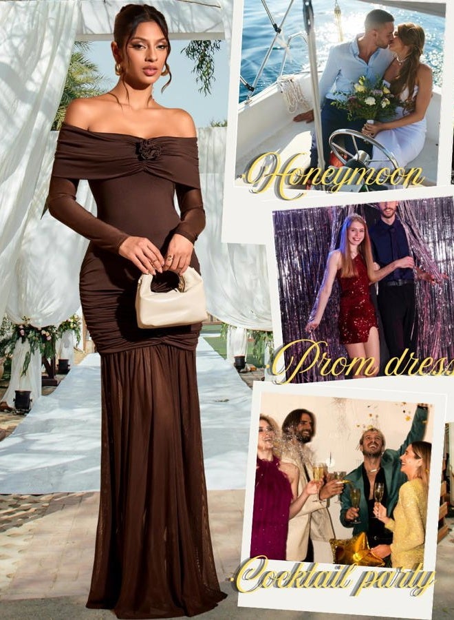 ShawGobow Off The Shoulder Maxi Dress,3D Flower Mermaid Ruched Dresses for Women,Elegant Formal Cocktail Holiday Gowns, Coffee, M - Image 2