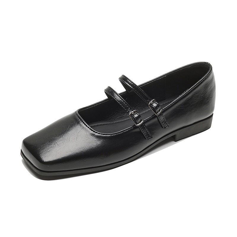 Chic Square Toe Flats French Mary Jane Womens Shoes Black