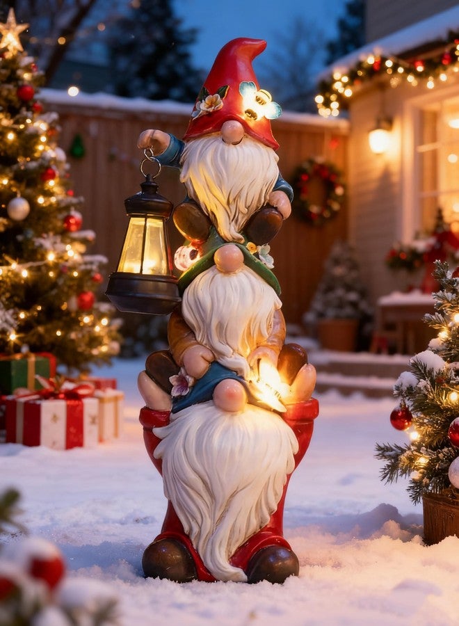 twinbling 17 in Garden Gnome Statue with Solar Lights Large Sculptures Funny Triple Gnome Outdoor Patio Lawn Yard Balcony Garden Home Decor Gifts for Women Mom - Image 1