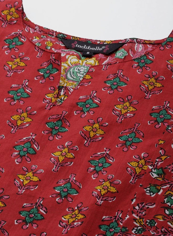 Indibelle Floral Printed Pleated Cotton Straight Kurta in Red - Image 2