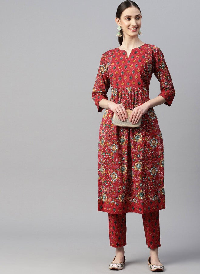 Indibelle Floral Printed Pleated Cotton Straight Kurta in Red - Image 5