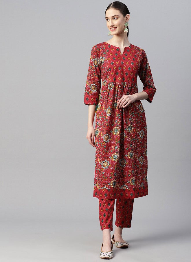Indibelle Floral Printed Pleated Cotton Straight Kurta in Red - Image 1