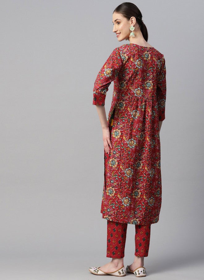 Indibelle Floral Printed Pleated Cotton Straight Kurta in Red - Image 4
