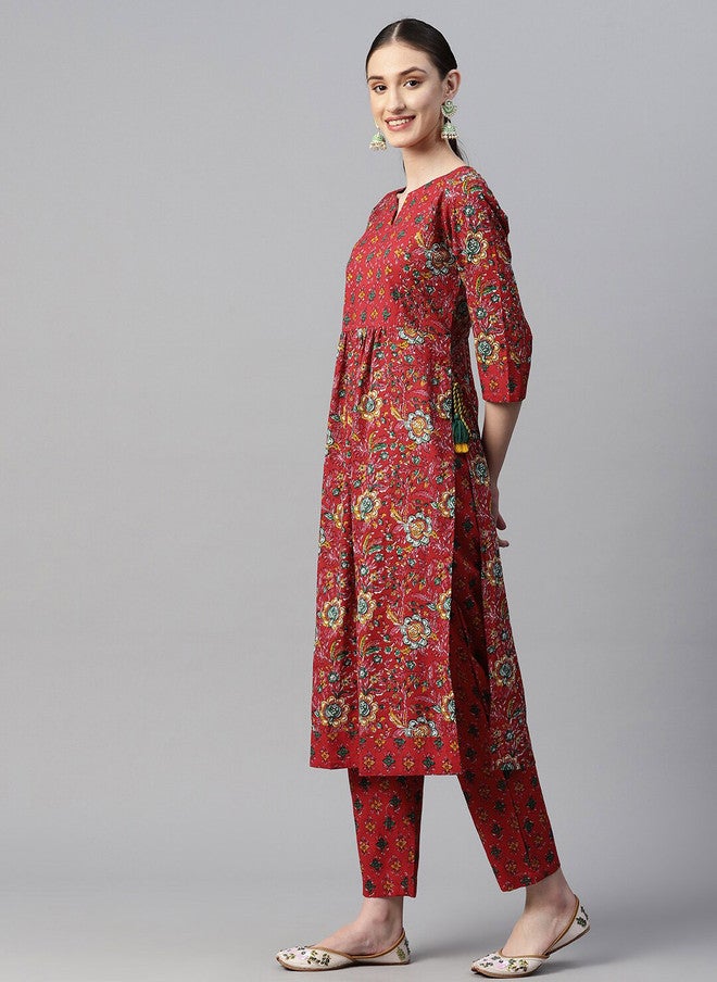 Indibelle Floral Printed Pleated Cotton Straight Kurta in Red - Image 3