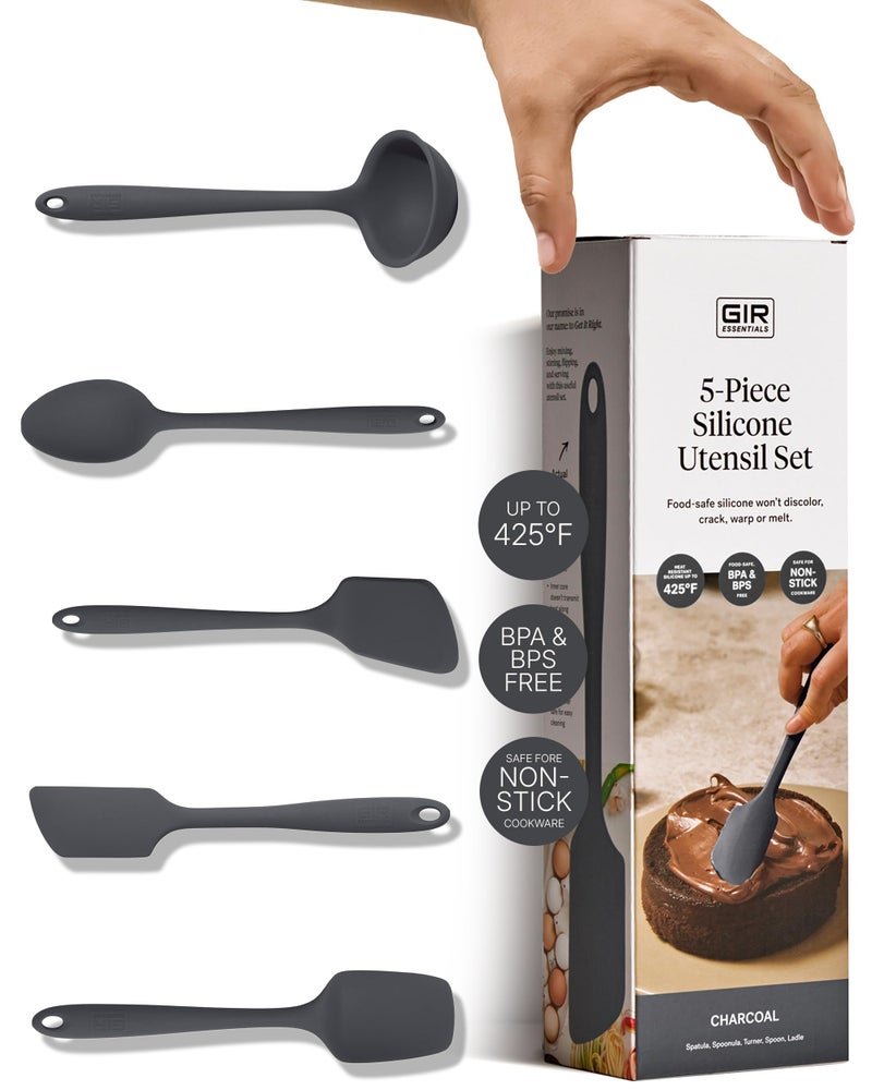 GIR Get It Right 5 Piece Silicone Essentials Kitchen Utensils Set Ladle Spatula Flip Spoon Spoonula NonToxic Cooking Utensils for Nonstick Cookware Cooking and Baking Charcoal