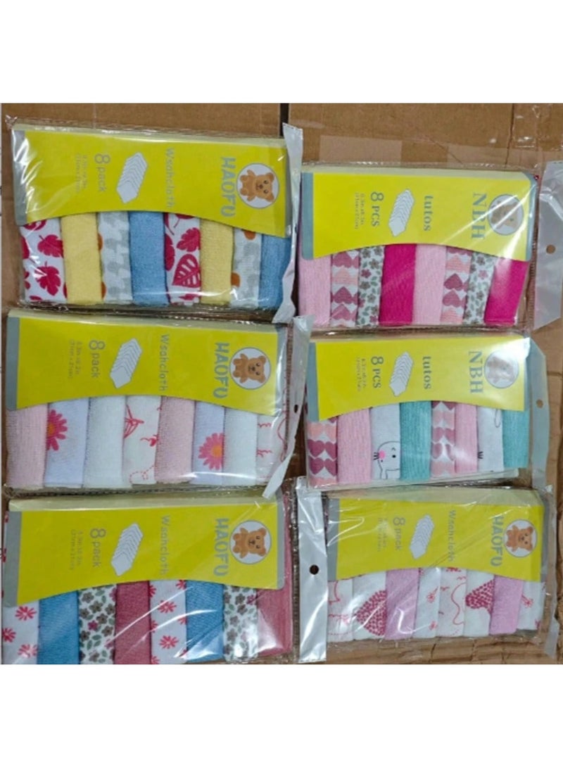 طقم مناشف أطفال 8 قطع للبنات-21 × 21 سم– قطن ناعم عالي الامتصاص لتنظيف الوجه والجسم، مناشف قابلة لإعادة الاستخدام لطيفة على بشرة الأطفال - Image 3