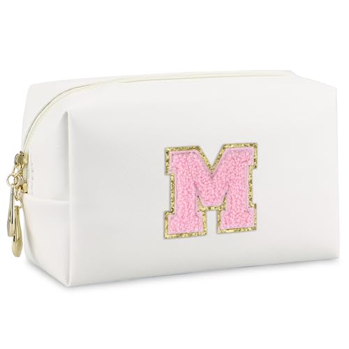 Gosuoa Initial Makeup Bag,Personalized preppy bag Waterproof PU Leather Chenille Letter Cosmetic Bag,Portable Travel Toiletry Bag Monogram Birthday Gift for Women Girls Mom Friends (Letter M) - Image 1
