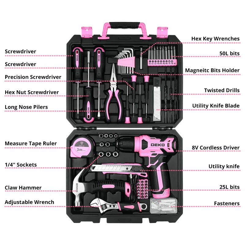 DEKOPRO Drill Set: Tool Set with 8V Pink Cordless Drill, Home Tool Kit with Drill, Hand Tool Kits for Women 126 Piece - Image 2