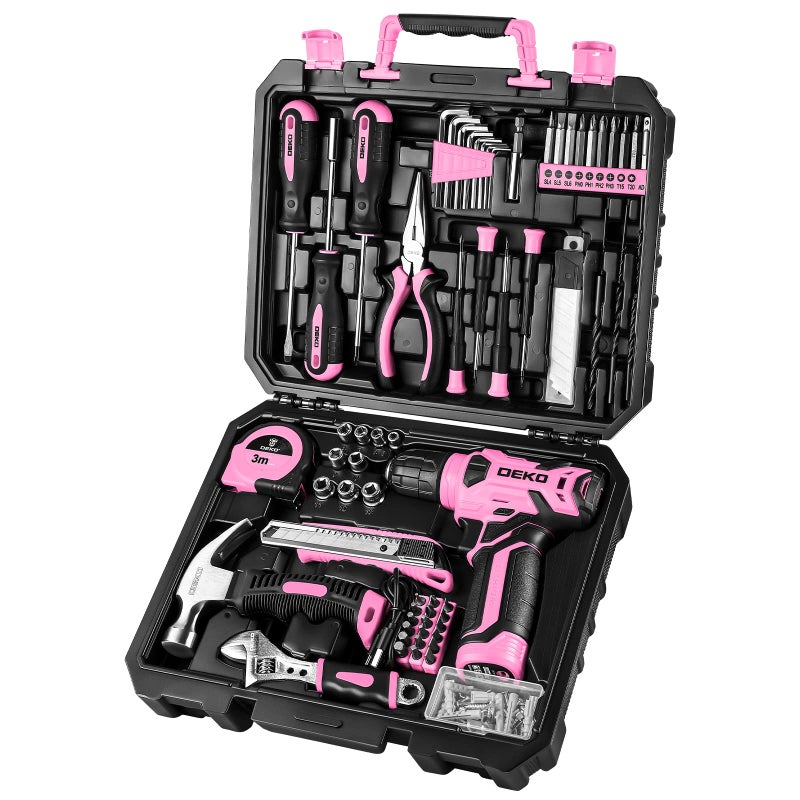 DEKOPRO Drill Set: Tool Set with 8V Pink Cordless Drill, Home Tool Kit with Drill, Hand Tool Kits for Women 126 Piece - Image 1