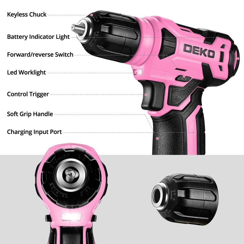 DEKOPRO Drill Set: Tool Set with 8V Pink Cordless Drill, Home Tool Kit with Drill, Hand Tool Kits for Women 126 Piece - Image 4