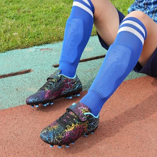 brooman Kids Firm Ground Soccer Cleats Girls Football Cleats with Shin Guards and Soccer Socks 11Black Blue - Image 3