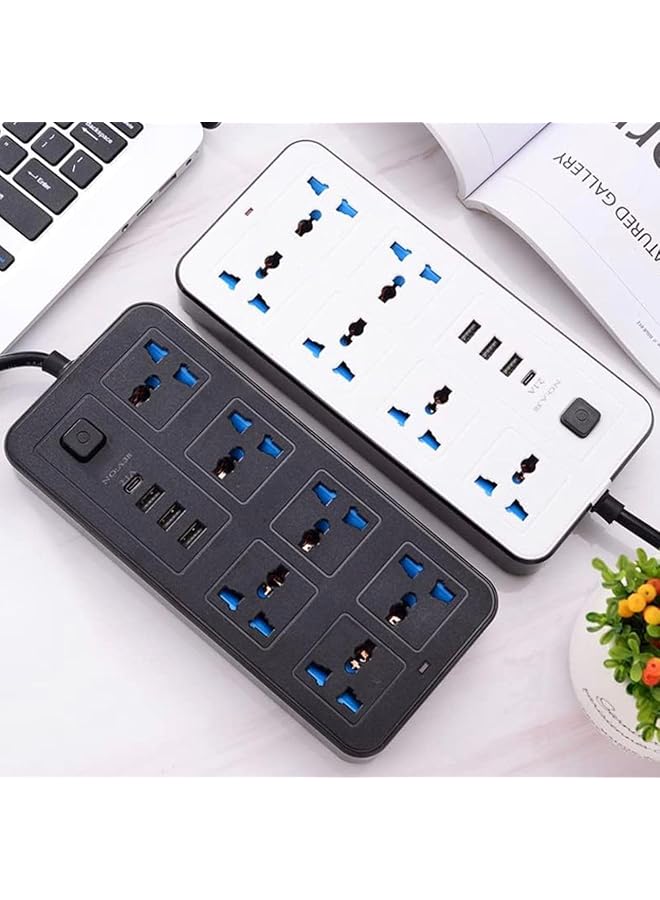PROMASS Universal Electrical Multi Extension Socket UK Plug Usb C Cable Electric Cord Strips 6 Outlets 3 Pin Socket 3 USB Ports and 1 Type C Port for Home, Kitchen, and Office - Black - Image 1