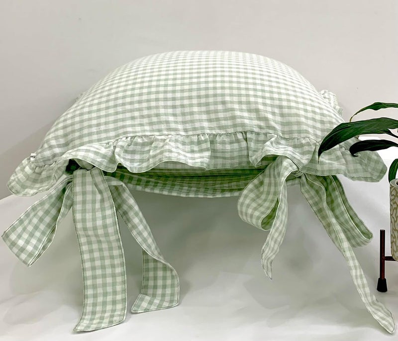 Sleepy Threads Cotton Cushion Covers16x16 Inches Pack of 2 Sage Green Checkered Pattern with Frill Borders Cushion Covers for Sofa Bedroom Couch or Living Room - Image 2