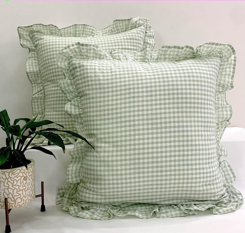 Sleepy Threads Cotton Cushion Covers16x16 Inches Pack of 2 Sage Green Checkered Pattern with Frill Borders Cushion Covers for Sofa Bedroom Couch or Living Room - Image 4