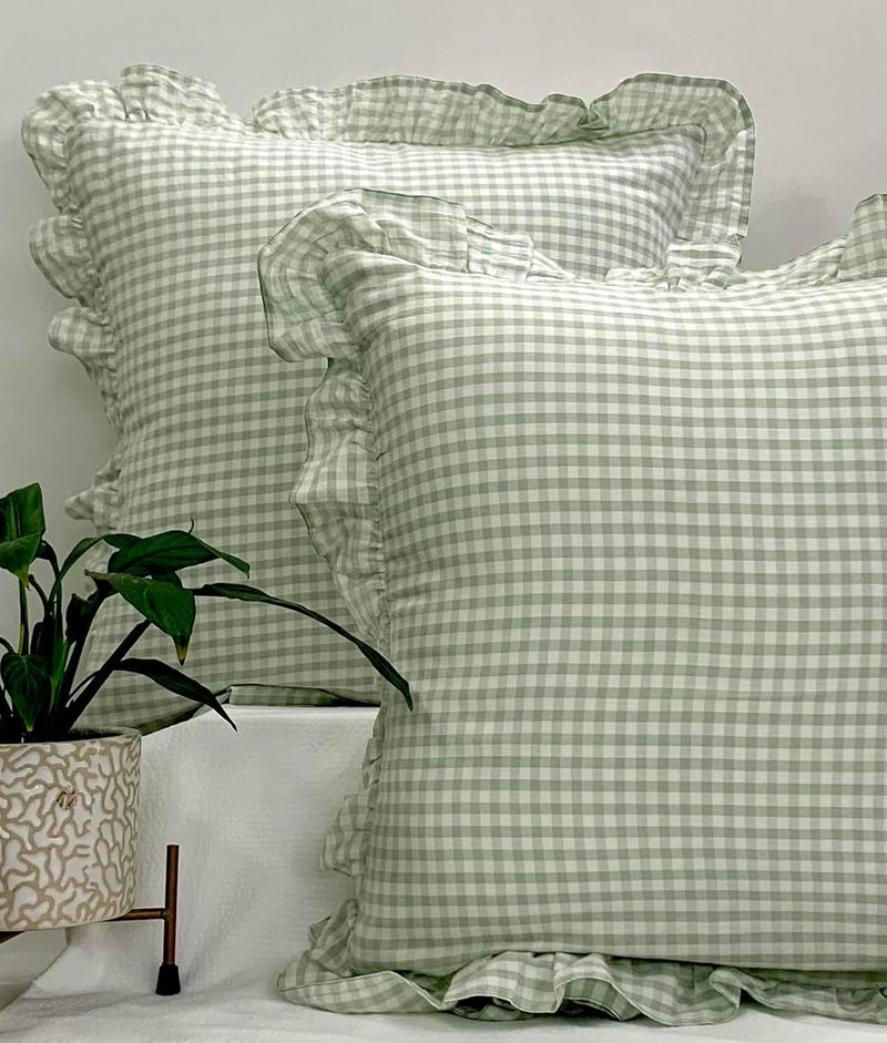 Sleepy Threads Cotton Cushion Covers16x16 Inches Pack of 2 Sage Green Checkered Pattern with Frill Borders Cushion Covers for Sofa Bedroom Couch or Living Room - Image 1