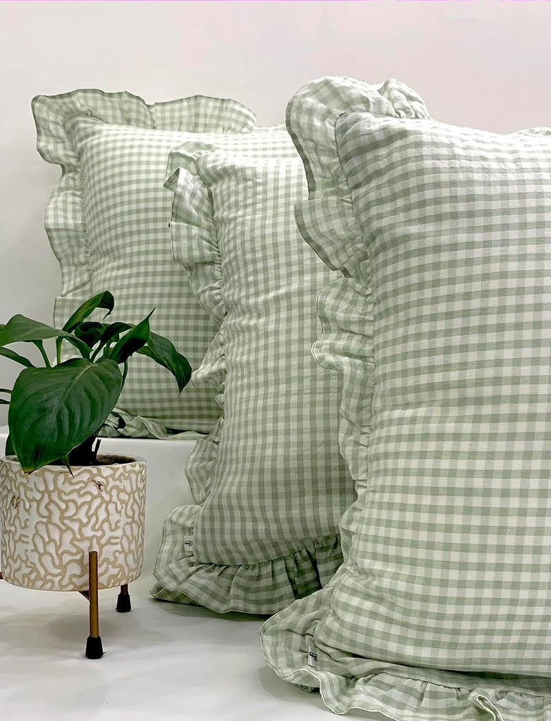Sleepy Threads Cotton Cushion Covers16x16 Inches Pack of 2 Sage Green Checkered Pattern with Frill Borders Cushion Covers for Sofa Bedroom Couch or Living Room - Image 5