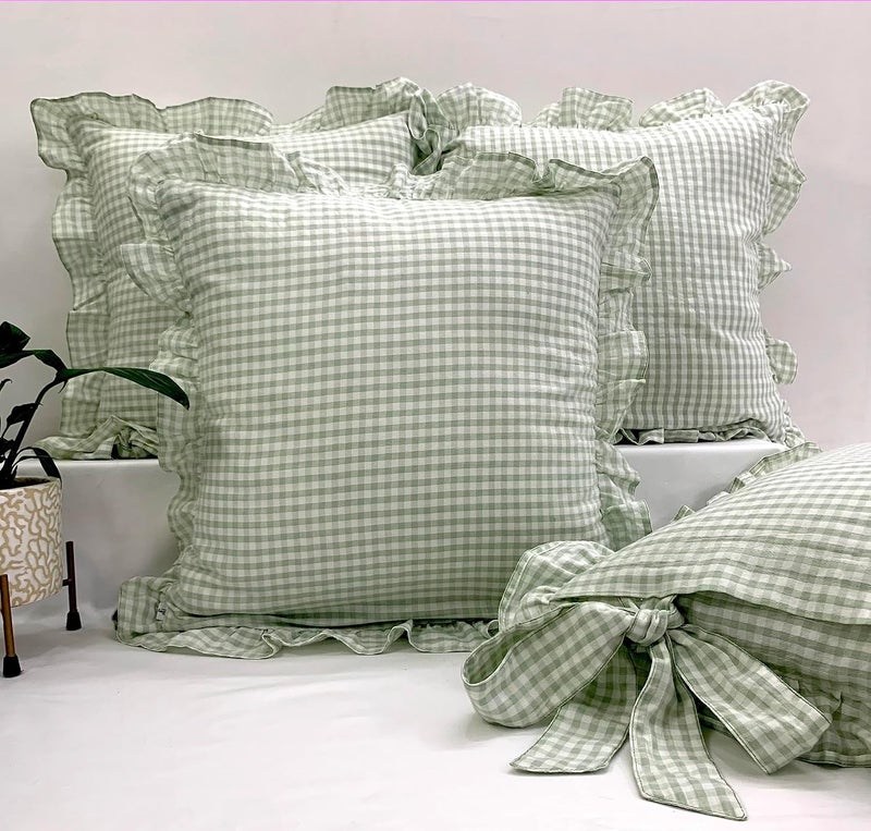 Sleepy Threads Cotton Cushion Covers16x16 Inches Pack of 2 Sage Green Checkered Pattern with Frill Borders Cushion Covers for Sofa Bedroom Couch or Living Room - Image 3