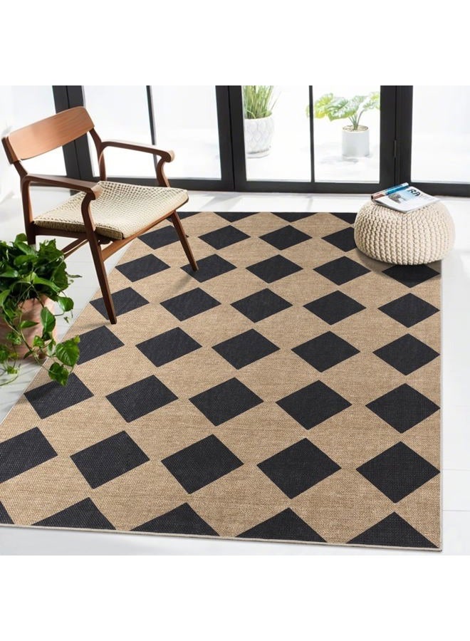 Zeeinx Checkered Easy Jute Rug 3x5 Outdoor Patio Rug Washable Rugs for Entryway Porch Non Slip Neutral Diamond Farmhouse Indoor Outdoor Carpet for Entryway Backyard Patio Office - Image 1