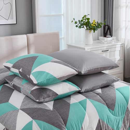 Bedbay Teal Grey Queen Comforter Set with Sheets 8 Pcs Queen Bed in a Bag Modern Geometric Chevron Print Luxury Western Bedding 1 Comforter 4 Pillowcases 1 Flat Sheet 1 Fitted Sheet 1 Cushion Cover - Image 4