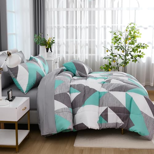 Bedbay Teal Grey Queen Comforter Set with Sheets 8 Pcs Queen Bed in a Bag Modern Geometric Chevron Print Luxury Western Bedding 1 Comforter 4 Pillowcases 1 Flat Sheet 1 Fitted Sheet 1 Cushion Cover - Image 3