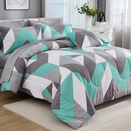 Bedbay Teal Grey Queen Comforter Set with Sheets 8 Pcs Queen Bed in a Bag Modern Geometric Chevron Print Luxury Western Bedding 1 Comforter 4 Pillowcases 1 Flat Sheet 1 Fitted Sheet 1 Cushion Cover - Image 5