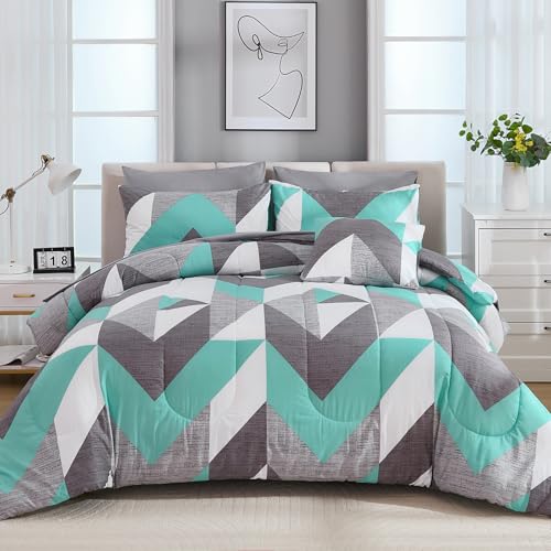 Bedbay Teal Grey Queen Comforter Set with Sheets 8 Pcs Queen Bed in a Bag Modern Geometric Chevron Print Luxury Western Bedding 1 Comforter 4 Pillowcases 1 Flat Sheet 1 Fitted Sheet 1 Cushion Cover - Image 2