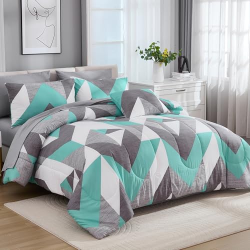 Bedbay Teal Grey Queen Comforter Set with Sheets 8 Pcs Queen Bed in a Bag Modern Geometric Chevron Print Luxury Western Bedding 1 Comforter 4 Pillowcases 1 Flat Sheet 1 Fitted Sheet 1 Cushion Cover - Image 1
