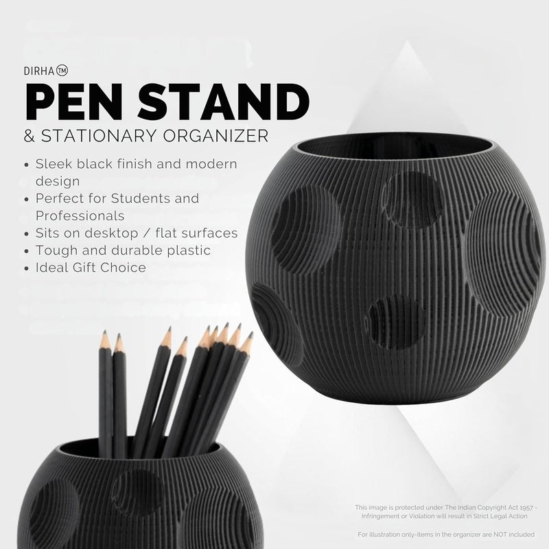 DIRHA Stylish Pen Stand & Pencil Holder for Office Table - Perfect Study & Stationery Accessory for Students - Ideal School Materials & Dressing Table Organizer | Gadget for Desk Accessories (Black) - Image 3