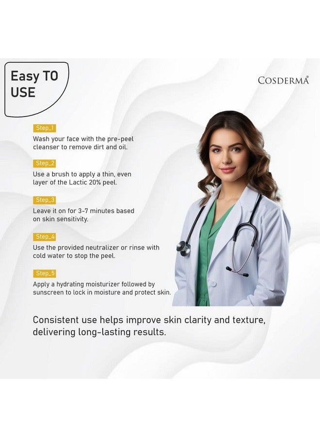 Cosderma Professional Facial Peeling Solution Kit | Includes AHA Cleanser, Neutralizer & Brush | Lactic, Glycolic, Kojic, Insta Glow, Acne Peel Variants | 230ml (230Ml, Lactic 20% Peel) - Image 5