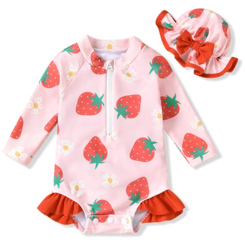 Aalizzwell Infant Baby Girls One Piece Long Sleeve Swimsuit Strawberry Bathing Suit Zip Up Swimwear Beach Wear 3-6 Months Fruit - Image 1